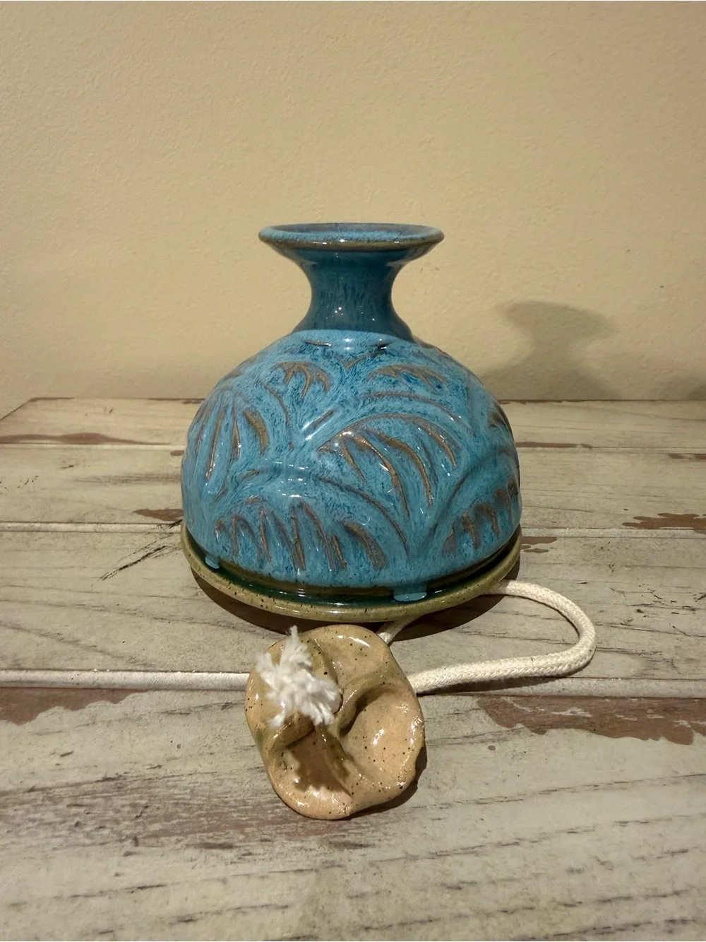Artisan Studio Pottery Ceramic Oil Lamp Blue Palm Leaf Carved Signed PS.119